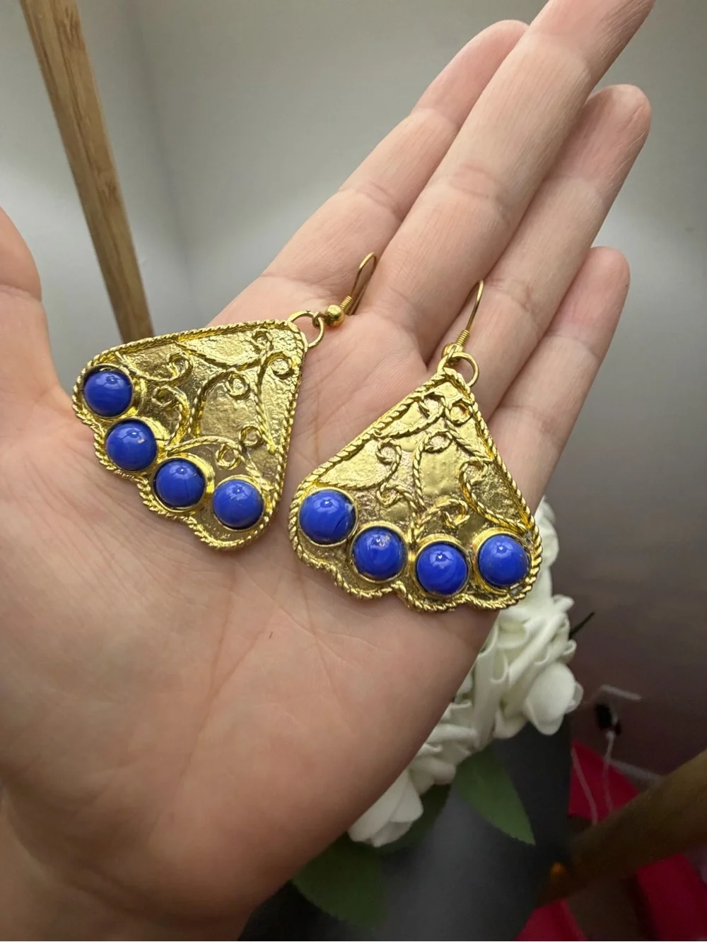 Gold and Blue Statement Drop Earrings - Unbranded
